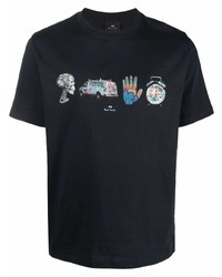 dunkelblaues bedrucktes T-Shirt mit einem Rundhalsausschnitt von PS Paul Smith
