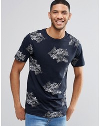 dunkelblaues bedrucktes T-Shirt mit einem Rundhalsausschnitt von Pull&Bear