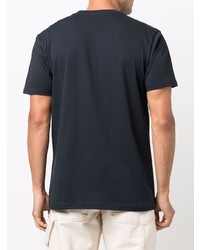 dunkelblaues bedrucktes T-Shirt mit einem Rundhalsausschnitt von R13