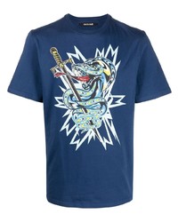dunkelblaues bedrucktes T-Shirt mit einem Rundhalsausschnitt von Roberto Cavalli