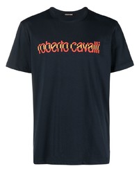 dunkelblaues bedrucktes T-Shirt mit einem Rundhalsausschnitt von Roberto Cavalli