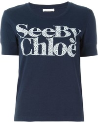 dunkelblaues bedrucktes T-Shirt mit einem Rundhalsausschnitt von See by Chloe