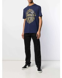 dunkelblaues bedrucktes T-Shirt mit einem Rundhalsausschnitt von Versace Collection