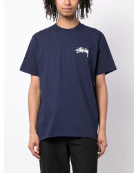 dunkelblaues bedrucktes T-Shirt mit einem Rundhalsausschnitt von Stussy