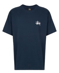 dunkelblaues bedrucktes T-Shirt mit einem Rundhalsausschnitt von Stussy