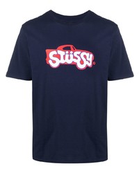 dunkelblaues bedrucktes T-Shirt mit einem Rundhalsausschnitt von Stussy