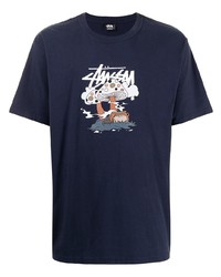 dunkelblaues bedrucktes T-Shirt mit einem Rundhalsausschnitt von Stussy