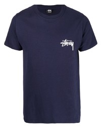 dunkelblaues bedrucktes T-Shirt mit einem Rundhalsausschnitt von Stussy