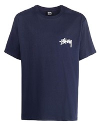 dunkelblaues bedrucktes T-Shirt mit einem Rundhalsausschnitt von Stussy