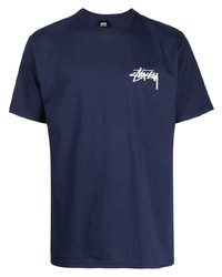 dunkelblaues bedrucktes T-Shirt mit einem Rundhalsausschnitt von Stussy