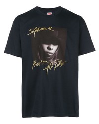 dunkelblaues bedrucktes T-Shirt mit einem Rundhalsausschnitt von Supreme