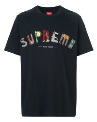 dunkelblaues bedrucktes T-Shirt mit einem Rundhalsausschnitt von Supreme