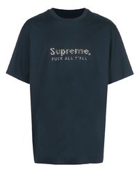 dunkelblaues bedrucktes T-Shirt mit einem Rundhalsausschnitt von Supreme