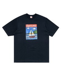 dunkelblaues bedrucktes T-Shirt mit einem Rundhalsausschnitt von Supreme