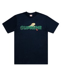 dunkelblaues bedrucktes T-Shirt mit einem Rundhalsausschnitt von Supreme