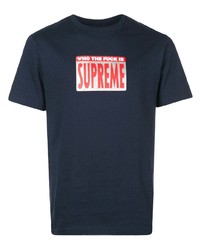 dunkelblaues bedrucktes T-Shirt mit einem Rundhalsausschnitt von Supreme