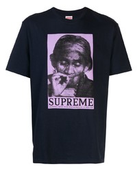 dunkelblaues bedrucktes T-Shirt mit einem Rundhalsausschnitt von Supreme