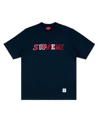 dunkelblaues bedrucktes T-Shirt mit einem Rundhalsausschnitt von Supreme