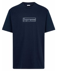 dunkelblaues bedrucktes T-Shirt mit einem Rundhalsausschnitt von Supreme