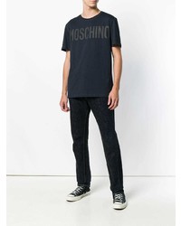 dunkelblaues bedrucktes T-Shirt mit einem Rundhalsausschnitt von Moschino