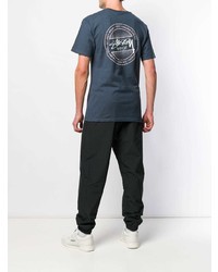 dunkelblaues bedrucktes T-Shirt mit einem Rundhalsausschnitt von Stussy