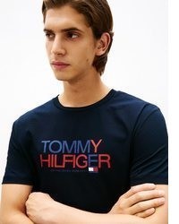 dunkelblaues bedrucktes T-Shirt mit einem Rundhalsausschnitt von Tommy Hilfiger