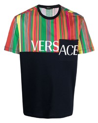 dunkelblaues bedrucktes T-Shirt mit einem Rundhalsausschnitt von Versace