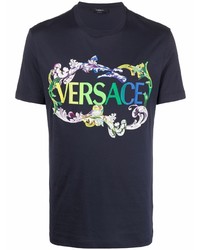 dunkelblaues bedrucktes T-Shirt mit einem Rundhalsausschnitt von Versace