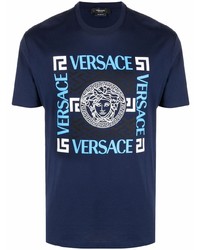 dunkelblaues bedrucktes T-Shirt mit einem Rundhalsausschnitt von Versace