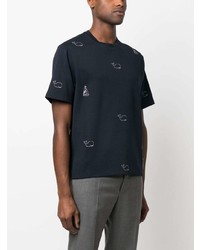 dunkelblaues bedrucktes T-Shirt mit einem Rundhalsausschnitt von Thom Browne