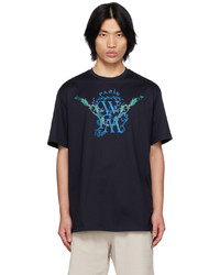 dunkelblaues bedrucktes T-Shirt mit einem Rundhalsausschnitt von Wooyoungmi