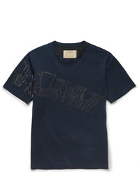 dunkelblaues bedrucktes T-Shirt mit einem Rundhalsausschnitt von Wooyoungmi