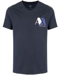 dunkelblaues bedrucktes T-Shirt mit einem V-Ausschnitt von Armani Exchange