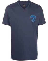 dunkelblaues bedrucktes T-Shirt mit einem V-Ausschnitt von Automobili Lamborghini