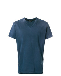dunkelblaues bedrucktes T-Shirt mit einem V-Ausschnitt von Diesel