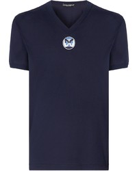 dunkelblaues bedrucktes T-Shirt mit einem V-Ausschnitt von Dolce & Gabbana