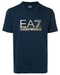 dunkelblaues bedrucktes T-Shirt mit einem V-Ausschnitt von Ea7 Emporio Armani