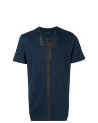 dunkelblaues bedrucktes T-Shirt mit einem V-Ausschnitt von Frankie Morello