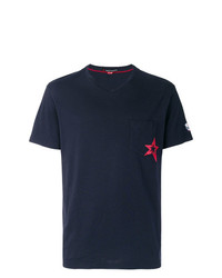 dunkelblaues bedrucktes T-Shirt mit einem V-Ausschnitt von Perfect Moment