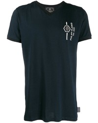 dunkelblaues bedrucktes T-Shirt mit einem V-Ausschnitt von Philipp Plein