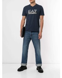 dunkelblaues bedrucktes T-Shirt mit einem V-Ausschnitt von Ea7 Emporio Armani