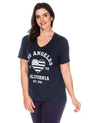 dunkelblaues bedrucktes T-Shirt mit einem V-Ausschnitt von SHEEGO CASUAL