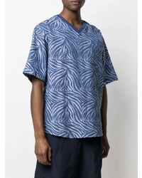 dunkelblaues bedrucktes T-Shirt mit einem V-Ausschnitt von Giorgio Armani