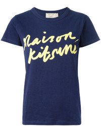 dunkelblaues bedrucktes T-shirt von MAISON KITSUNE