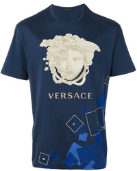 dunkelblaues bedrucktes T-shirt von Versace