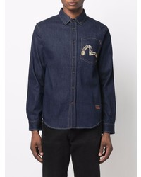 dunkelblaues besticktes Jeanshemd von Evisu