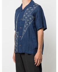 dunkelblaues besticktes Leinen Kurzarmhemd von KAPITAL