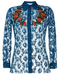 dunkelblaues besticktes Spitzehemd von Gucci