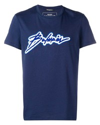 dunkelblaues besticktes T-Shirt mit einem Rundhalsausschnitt von Balmain