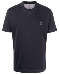 dunkelblaues besticktes T-Shirt mit einem Rundhalsausschnitt von Brunello Cucinelli